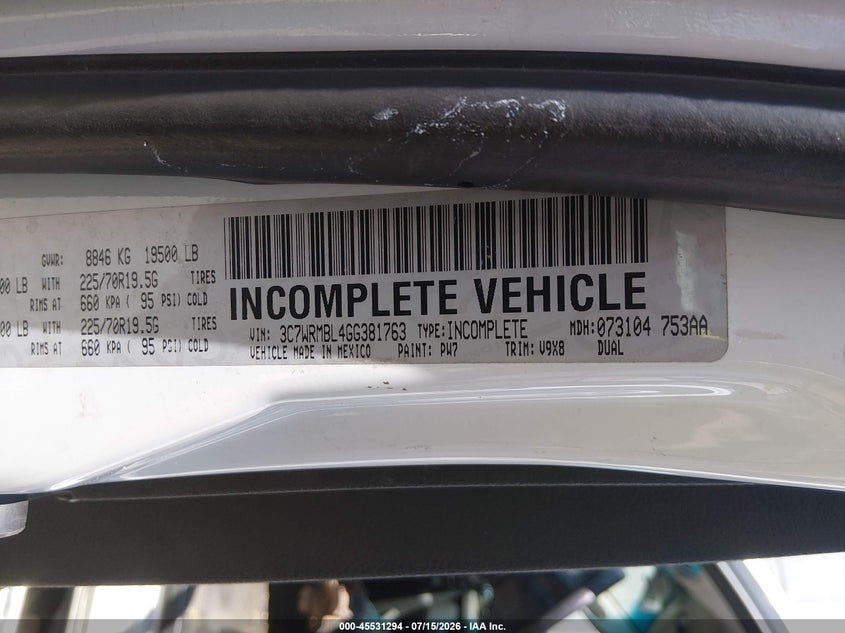 2016 Ram 5500 Chassis Tradesman/Slt VIN: 3C7WRMBL4GG381763 Lot: 45531294
