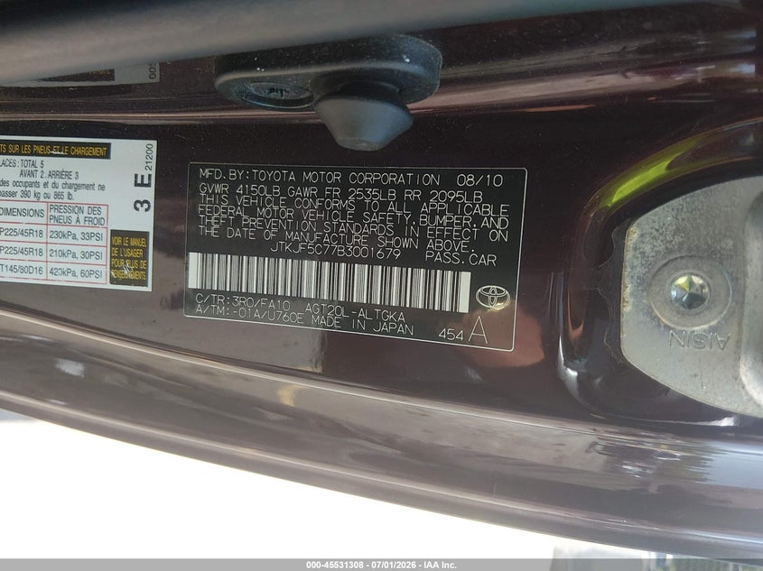 2011 Scion Tc VIN: JTKJF5C77B3001679 Lot: 45531308