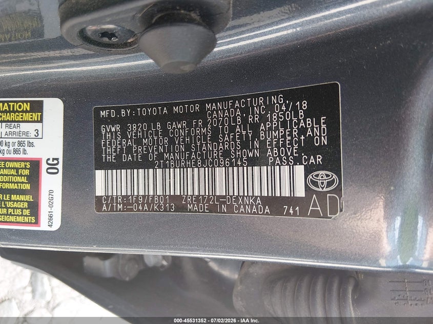 TOYOTA COROLLA 2018 VIN 2T1BURHE8JC096145