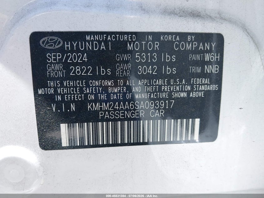 2025 Hyundai Ioniq 6 Se VIN: KMHM24AA6SA093917 Lot: 45531384