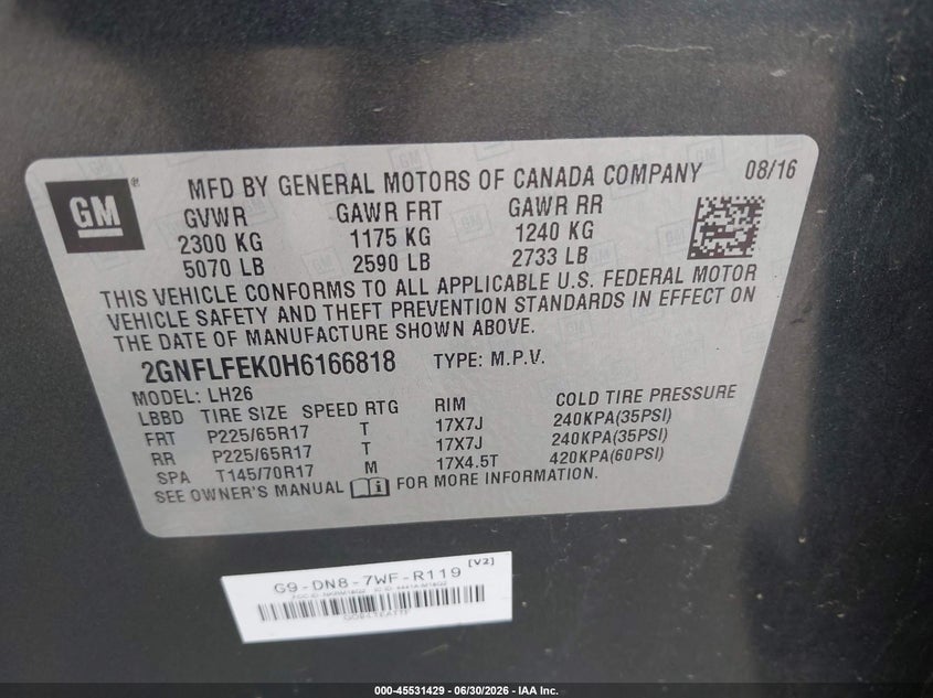 2017 CHEVROLET EQUINOX SPORT UTILITY VEHICLE 2.4L I-4 DI, DOHC, VVT, 182HP