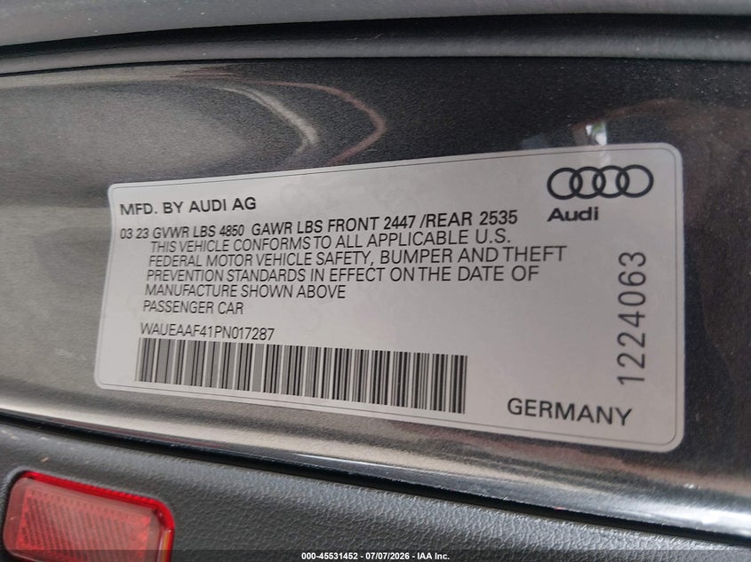 2023 Audi A4 Premium Plus 45 Tfsi S Line Quattro S Tronic VIN: WAUEAAF41PN017287 Lot: 45531452