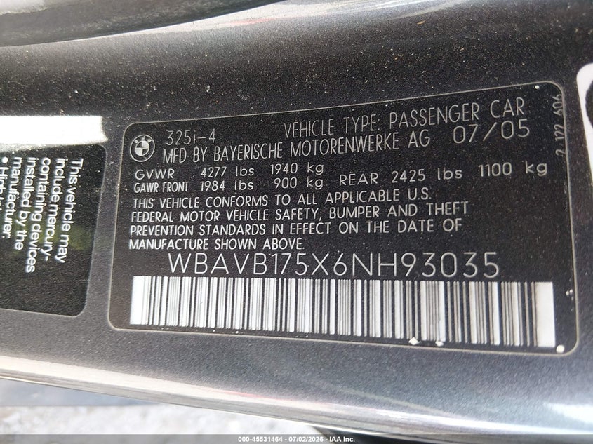 2006 BMW 3ER SEDAN 3.0L I-6 DOHC, VVT, 215HP