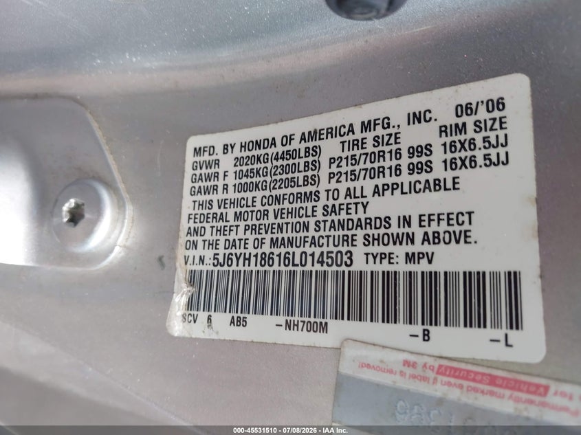 2006 Honda Element Ex VIN: 5J6YH18616L014503 Lot: 45531510