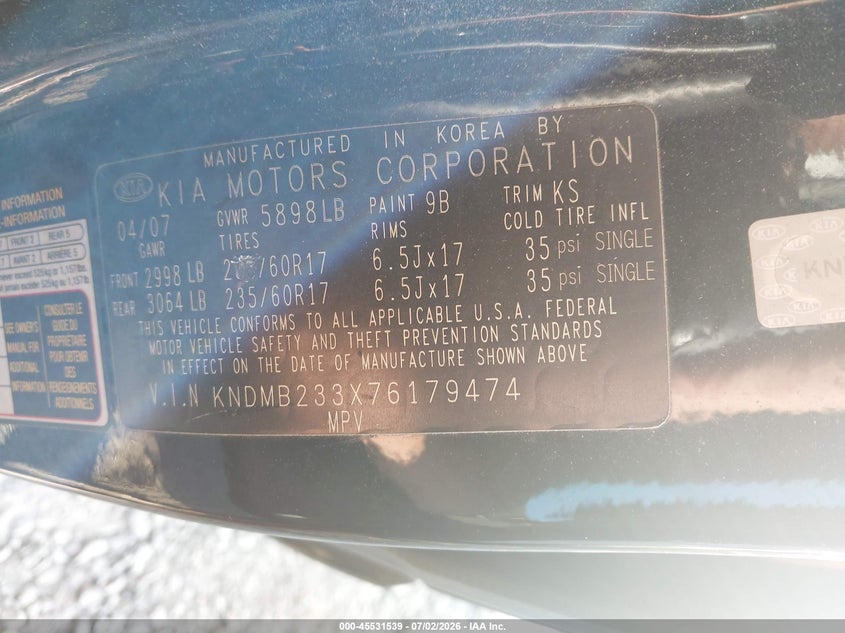 2007 Kia Sedona Ex VIN: KNDMB233X76179474 Lot: 45531539