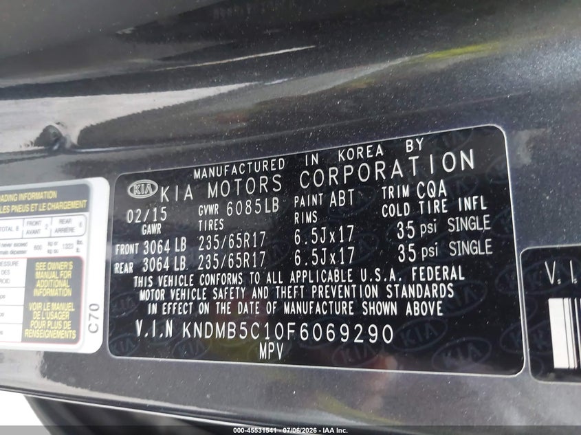 2015 Kia Sedona Lx VIN: KNDMB5C10F6069290 Lot: 45531541