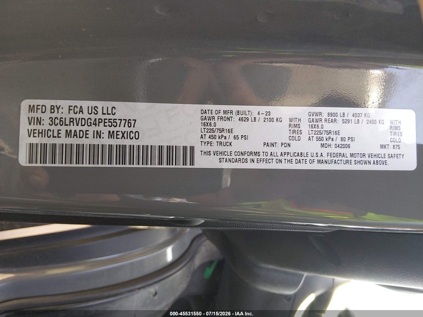 2023 Ram Promaster 2500 High Roof 159 Wb VIN: 3C6LRVDG4PE557767 Lot: 45531550