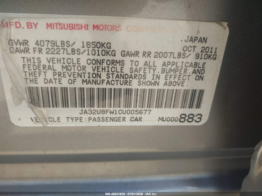 2012 Mitsubishi Lancer Gt VIN: JA32U8FW1CU005677 Lot: 45531635