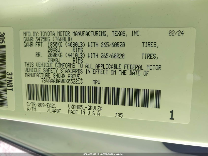 2024 Toyota Sequoia Limited VIN: 7SVAAABA0RX032213 Lot: 45531719