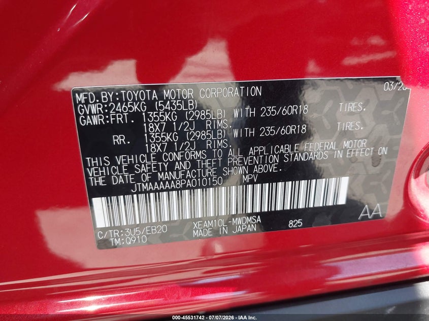 2023 Toyota Bz4X Xle VIN: JTMAAAAA8PA010150 Lot: 45531742