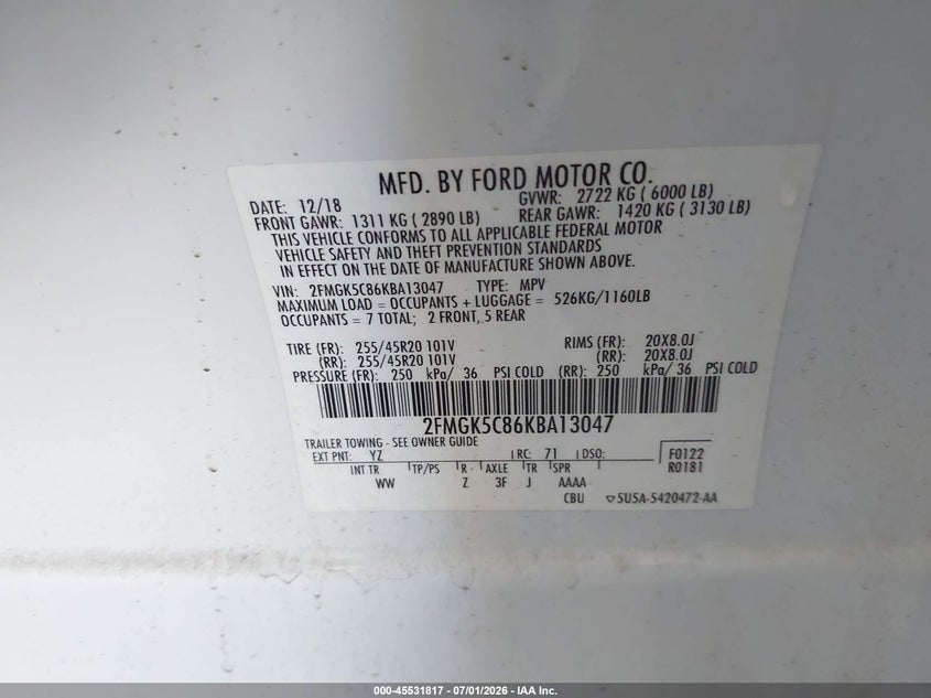 2019 Ford Flex Sel VIN: 2FMGK5C86KBA13047 Lot: 45531817