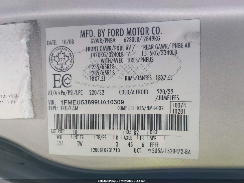 2009 Ford Explorer Sport Trac Limited VIN: 1FMEU53899UA10309 Lot: 45531846