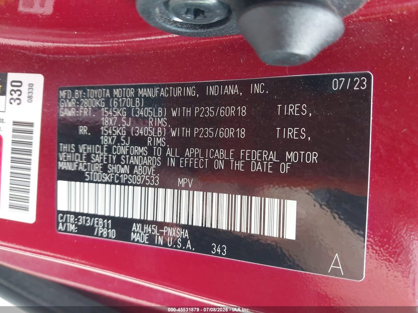 2023 Toyota Sienna Xse VIN: 5TDDSKFC1PS097533 Lot: 45531879