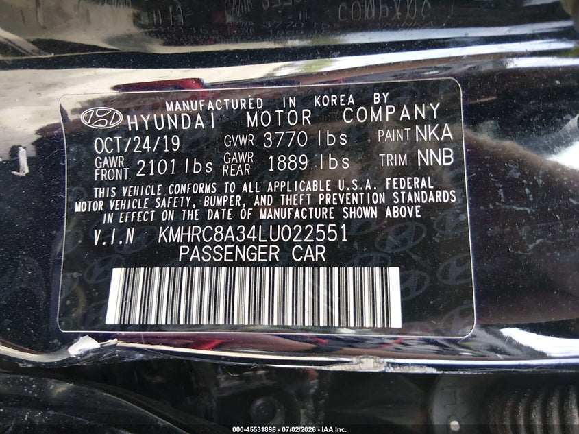 2020 Hyundai Venue Sel VIN: KMHRC8A34LU022551 Lot: 45531896