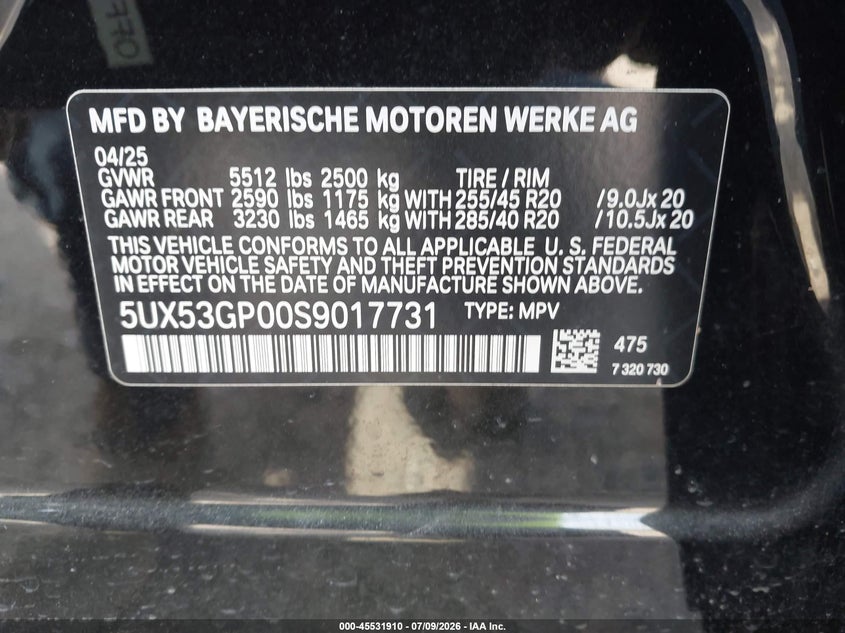 BMW X3 2025 VIN 5UX53GP00S9017731