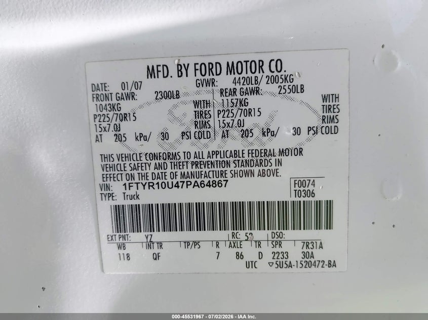 2007 FORD RANGER TRUCK 3.0L V-6 148HP