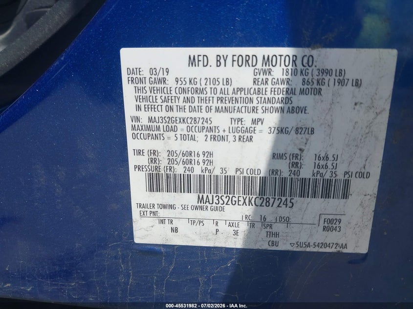 2019 Ford Ecosport Se VIN: MAJ3S2GEXKC287245 Lot: 45531982