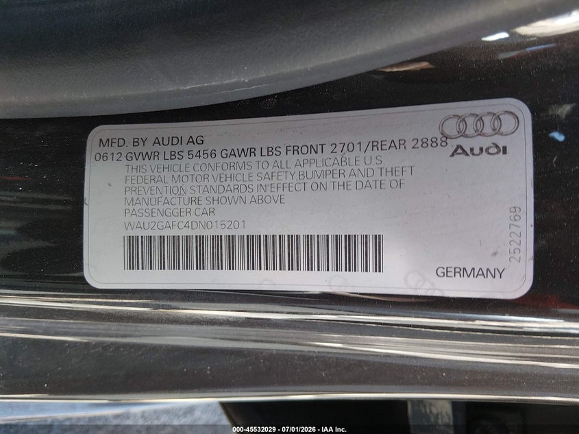 2013 Audi A7 3.0T Premium VIN: WAU2GAFC4DN015201 Lot: 45532029