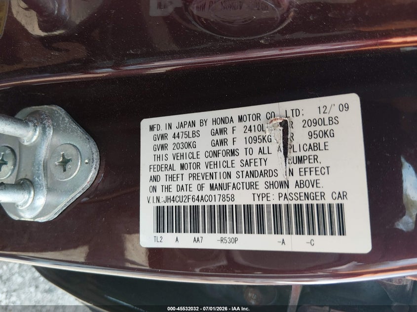 2010 Acura Tsx 2.4 VIN: JH4CU2F64AC017858 Lot: 45532032