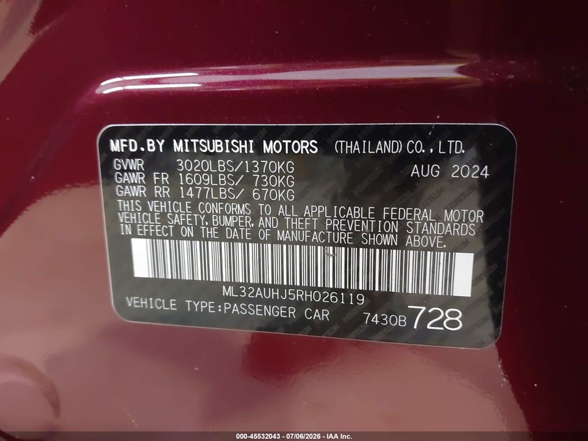2024 Mitsubishi Mirage Le VIN: ML32AUHJ5RH026119 Lot: 45532043