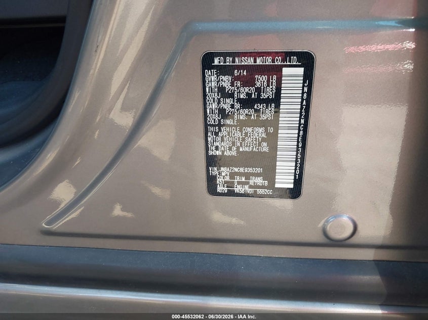 2014 Infiniti Qx80 VIN: JN8AZ2NC8E9353201 Lot: 45532062