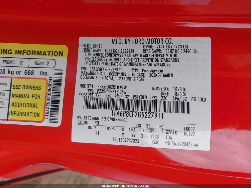2016 Ford Mustang Gt/Gt Premium VIN: 1FA6P8CF2G5227911 Lot: 45532131