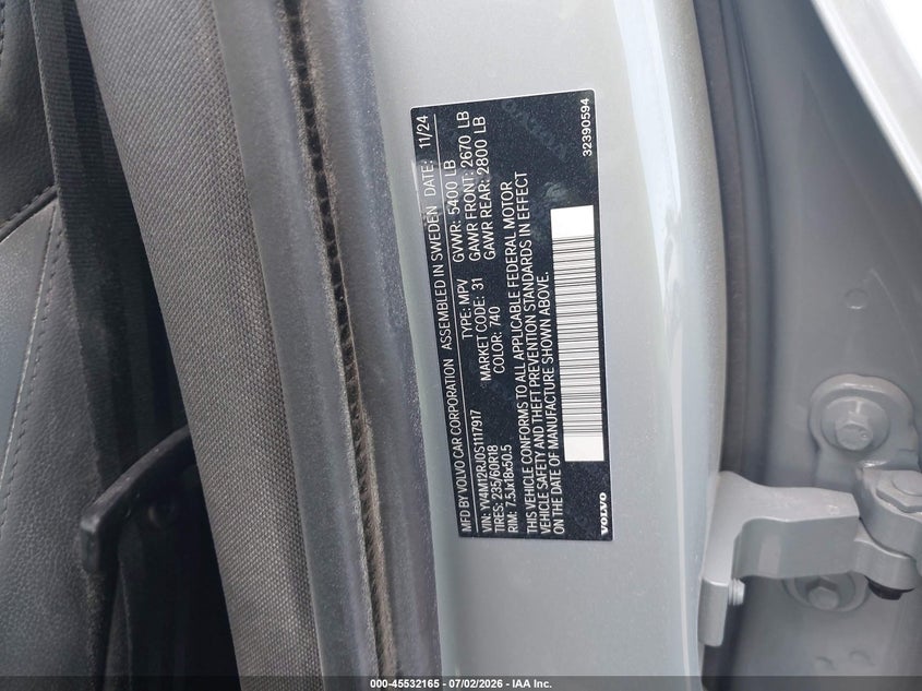 2025 Volvo Xc60 B5 Core VIN: YV4M12RJ0S1117917 Lot: 45532165