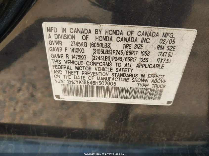 2006 Honda Ridgeline Rtl VIN: 2HJYK16546H502905 Lot: 45532178
