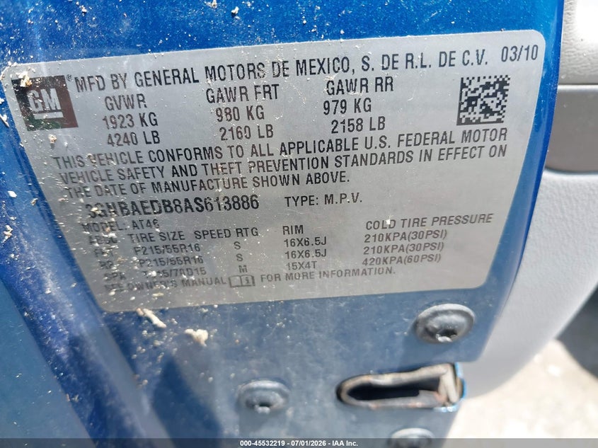 2010 Chevrolet Hhr Ls VIN: 3GNBAEDB8AS613886 Lot: 45532219