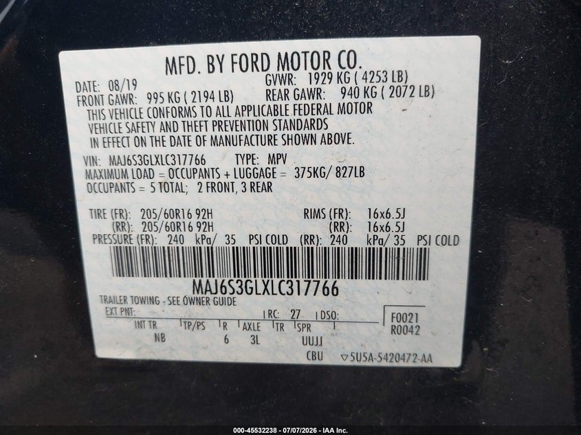 2020 Ford Ecosport Se VIN: MAJ6S3GLXLC317766 Lot: 45532238