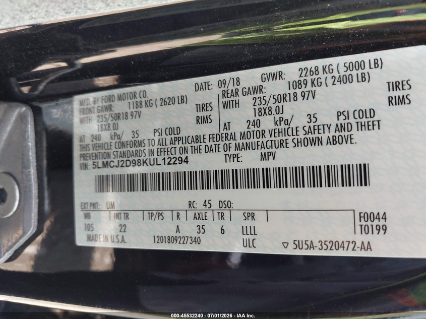 2019 Lincoln Mkc Select VIN: 5LMCJ2D98KUL12294 Lot: 45532240