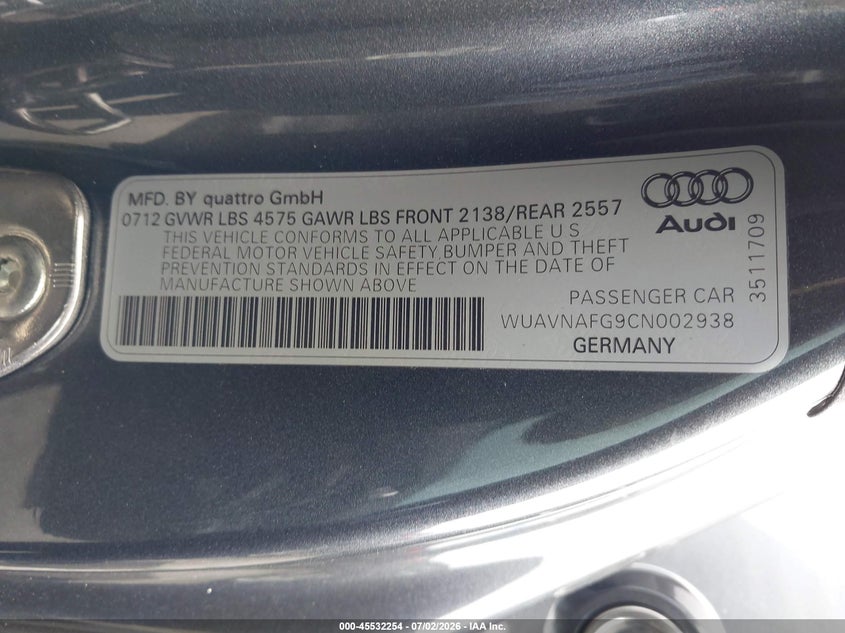 AUDI R8 2012 VIN WUAVNAFG9CN002938