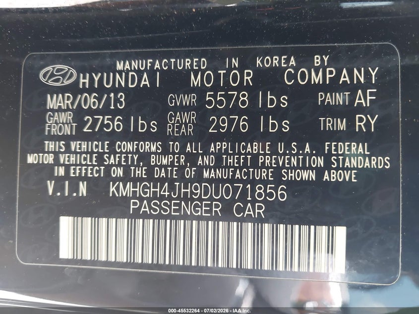 2013 Hyundai Equus Signature VIN: KMHGH4JH9DU071856 Lot: 45532264