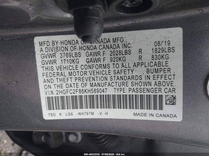 2019 HONDA CIVIC SEDAN 2.0L I-4 DOHC, VVT, 158HP