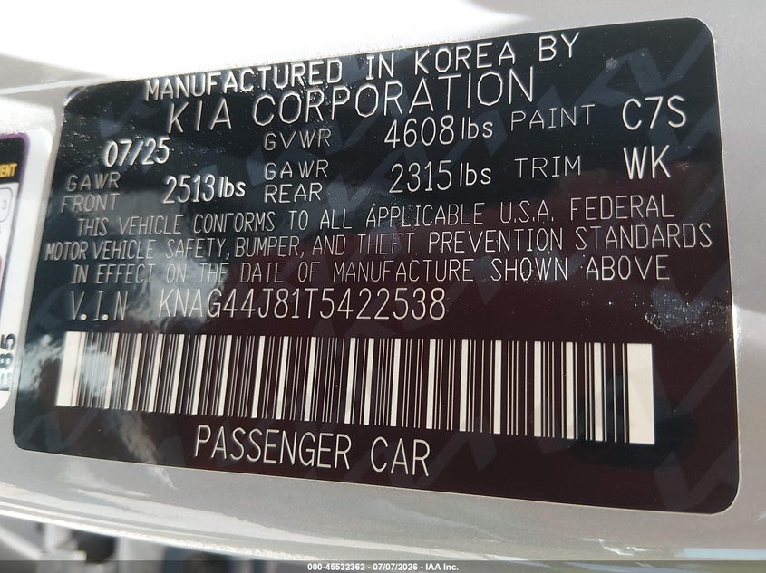2026 Kia K5 Gt VIN: KNAG44J81T5422538 Lot: 45532362