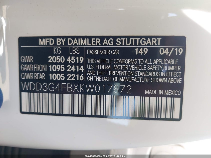 2019 Mercedes-Benz A 220 4Matic VIN: WDD3G4FBXKW017872 Lot: 45532435