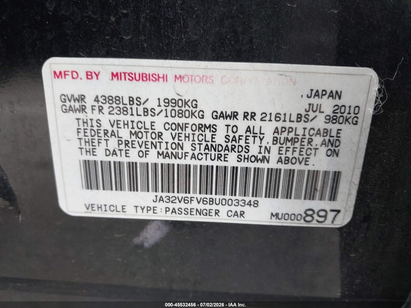 2011 Mitsubishi Lancer Ralliart VIN: JA32V6FV6BU003348 Lot: 45532456