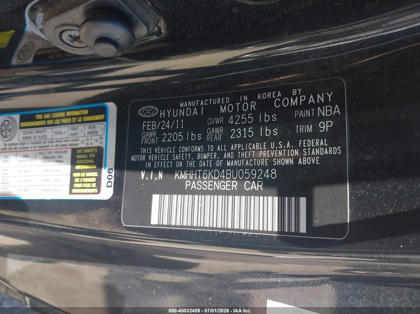 2011 Hyundai Genesis 2.0T VIN: KMHHT6KD4BU059248 Lot: 45532459