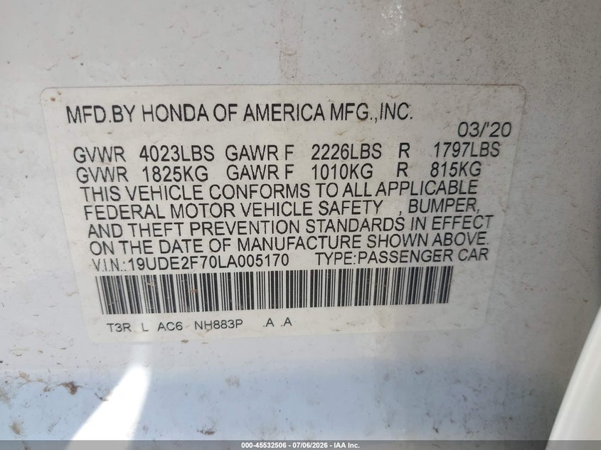 2020 Acura Ilx Premium Package/Technology Package VIN: 19UDE2F70LA005170 Lot: 45532506