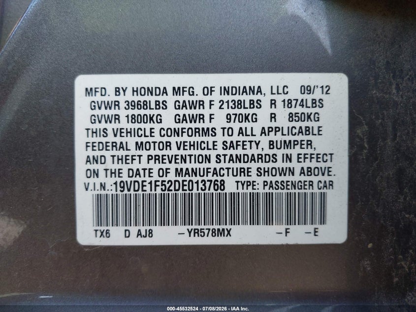 2013 Acura Ilx 2.0L VIN: 19VDE1F52DE013768 Lot: 45532524