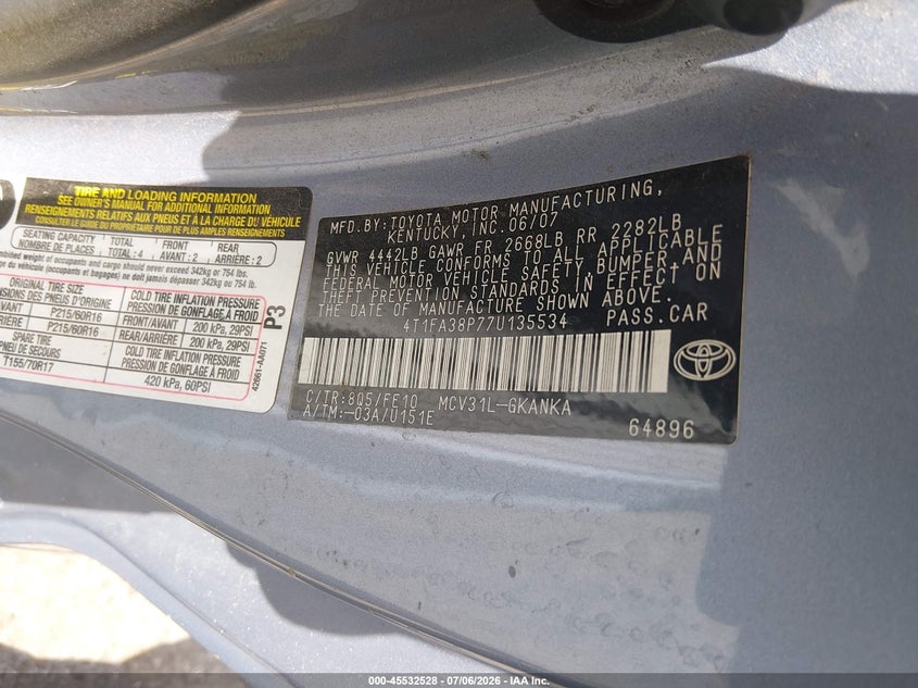 2007 Toyota Camry Solara Se VIN: 4T1FA38P77U135534 Lot: 45532528