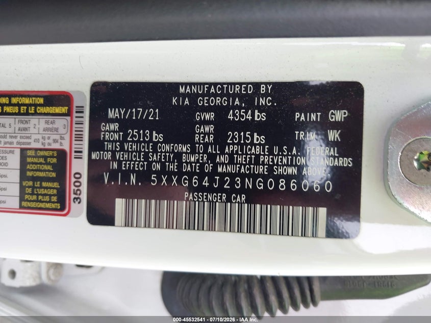 KIA K5 2022 VIN 5XXG64J23NG086060