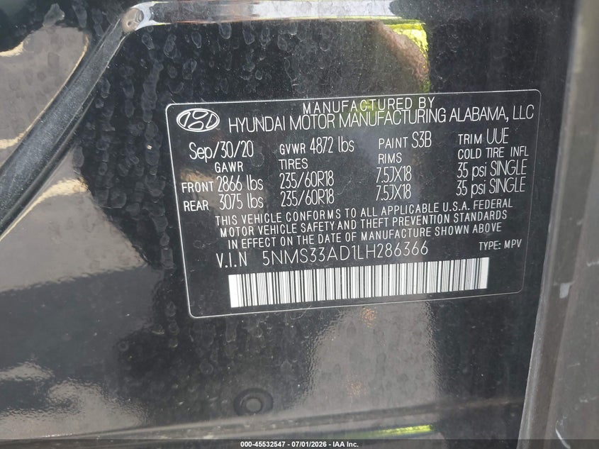 HYUNDAI SANTA FE 2020 VIN 5NMS33AD1LH286366