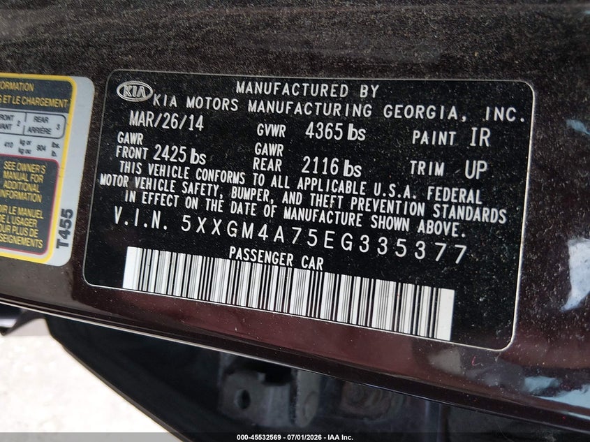 2014 KIA OPTIMA SEDAN 2.4L I-4 DI, DOHC, VVT, 192HP