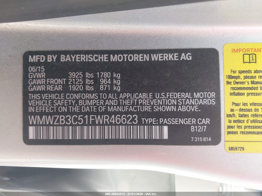 2015 Mini Countryman Cooper VIN: WMWZB3C51FWR46623 Lot: 45532572