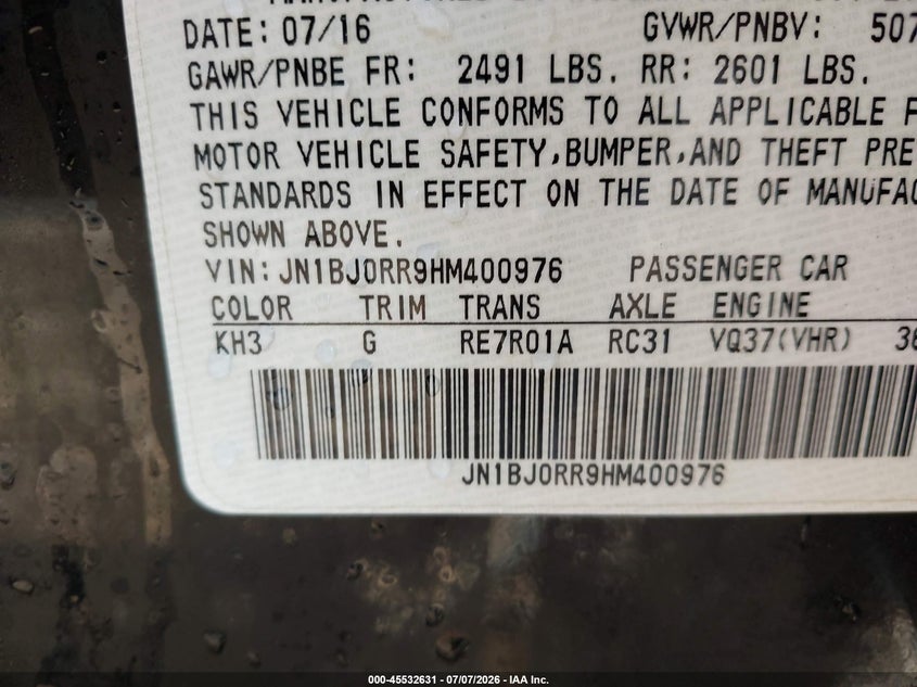 2017 Infiniti Qx50 VIN: JN1BJ0RR9HM400976 Lot: 45532631