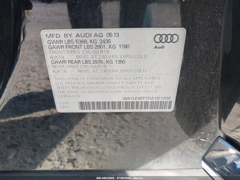AUDI Q5 2013 VIN WA1LFAFP7DA101696