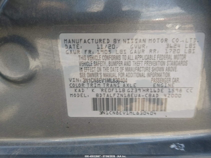 2021 Nissan Versa Sv Xtronic Cvt VIN: 3N1CN8EV1ML830404 Lot: 45532667