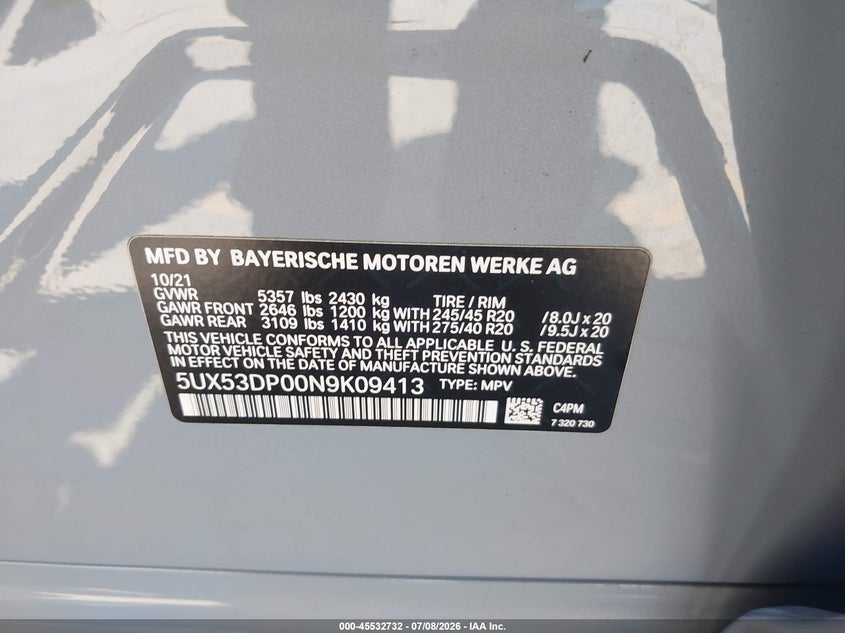 2022 BMW X3 SPORT UTILITY VEHICLE 2.0L I-4 DI, DOHC, VVT, TURBO, 248HP