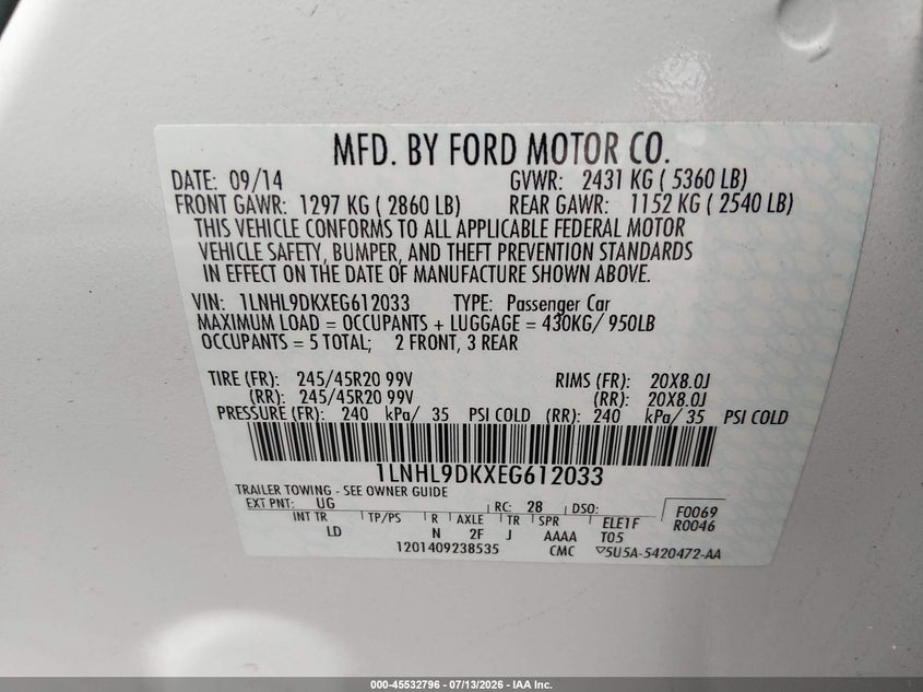 2014 Lincoln Mks VIN: 1LNHL9DKXEG612033 Lot: 45532796